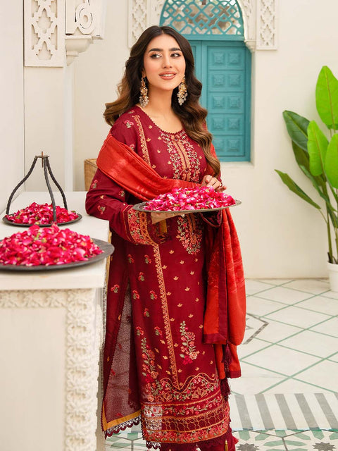 3 piece - Embroidered Karandi Suit with Jacquard Velvet Shawl