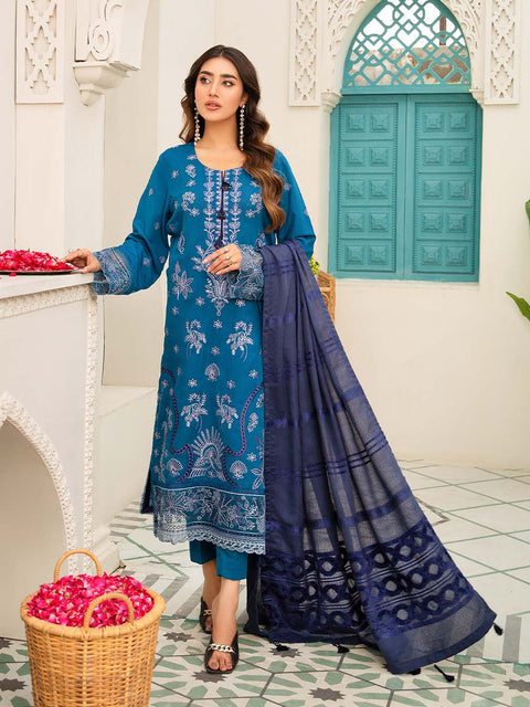 3 piece - Embroidered Karandi Suit with Jacquard Velvet Shawl