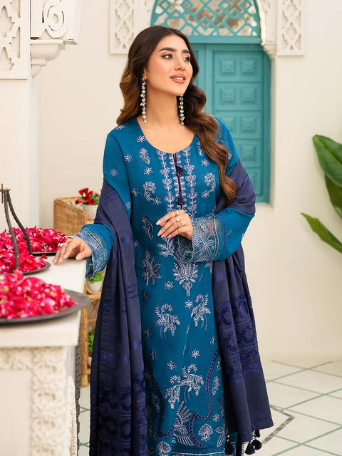 3 piece - Embroidered Karandi Suit with Jacquard Velvet Shawl