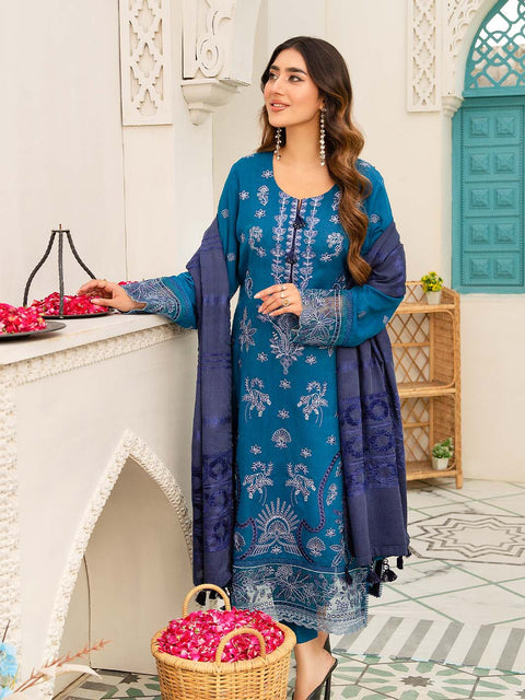 3 piece - Embroidered Karandi Suit with Jacquard Velvet Shawl