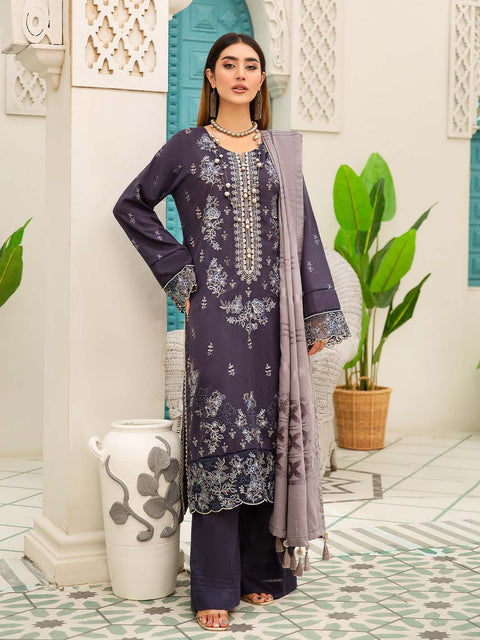 3 piece - Embroidered Karandi Suit with Jacquard Velvet Shawl