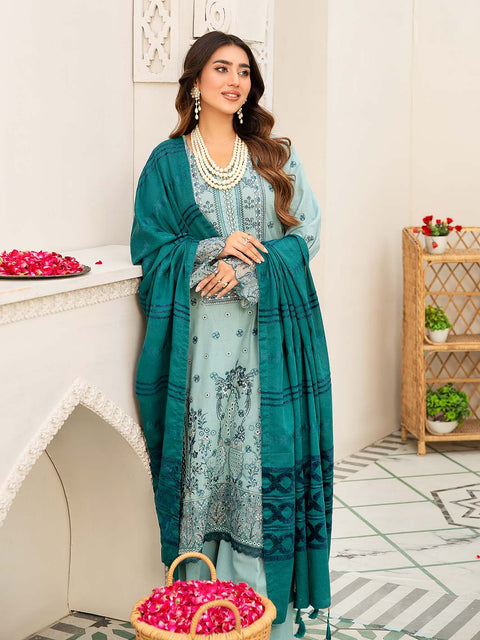 3 piece - Embroidered Karandi Suit with Jacquard Velvet Shawl