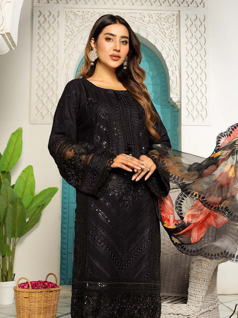 Black Stitched 3 pc Dhanak Sequence