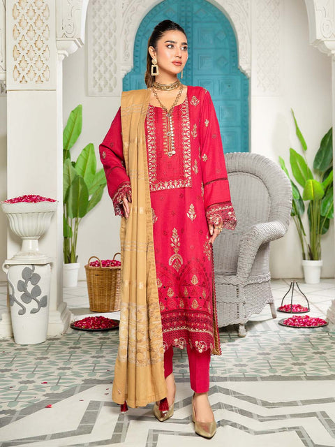 3 piece - Embroidered Karandi Suit with Jacquard Velvet Shawl