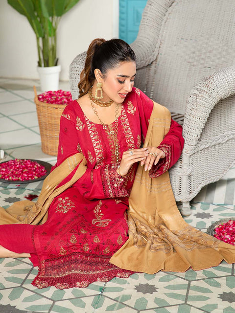 3 piece - Embroidered Karandi Suit with Jacquard Velvet Shawl