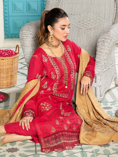 3 piece - Embroidered Karandi Suit with Jacquard Velvet Shawl