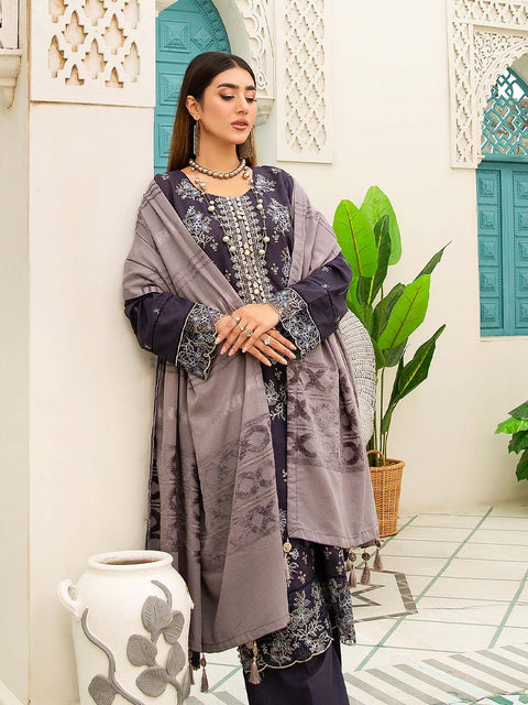 3 piece - Embroidered Karandi Suit with Jacquard Velvet Shawl