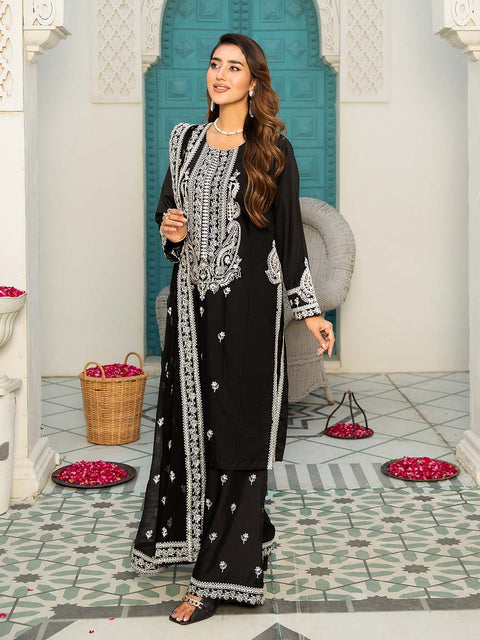 Black Stitched 3 pc Stone Linen