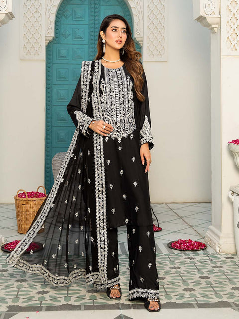 Black Stitched 3 pc Stone Linen