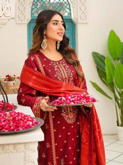 3 piece - Embroidered Karandi Suit with Jacquard Velvet Shawl